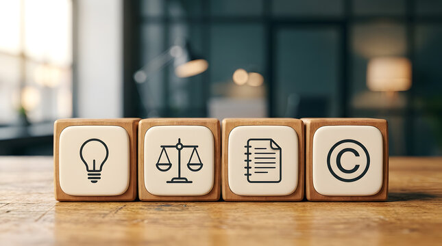 Concept of creativity, law, and intellectual property protection shown on wooden icon blocks