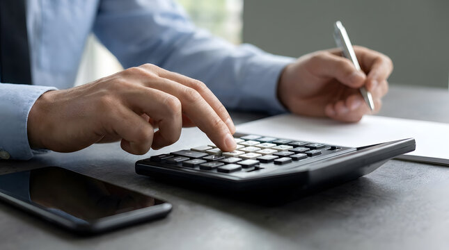 Close up hands of business person calculating budget with calculator and pen at desk
