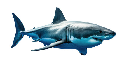 Fototapeta premium Gray Great White Shark Swimming Sideways with Visible Fins and Teeth
