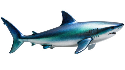 Fototapeta premium Blue metallic shark figurine with open mouth and visible teeth