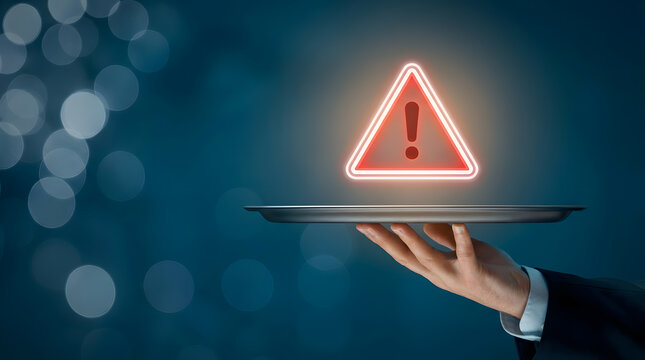 Hand holding tablet with glowing warning sign triangle indicating risk, safety alert and hazard