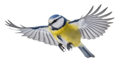 Blue Tit Bird Flying with Extended Wings and Yellow Underparts © Elowen