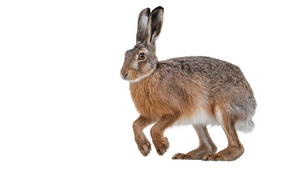 Brown European Hare Standing Alert with Long Ears and Furry Body