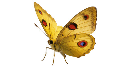 Yellow orange butterfly with red spots perched on a twig © Elowen