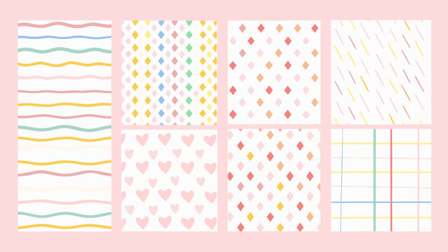 Colorful geometric patterns and heart shapes pastel background decorative vector set