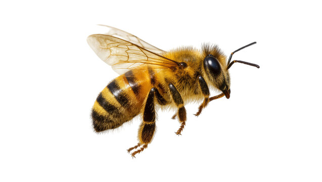 Fuzzy striped Honeybee with delicate wings and antennae in profile