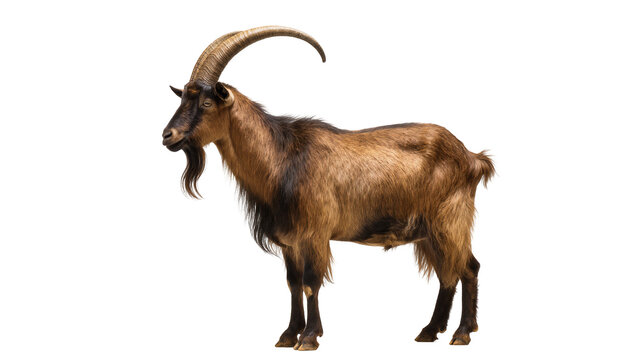 Brown Male Goat with Large Curved Horns Standing Profile View