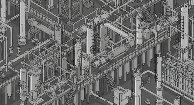 Complex industrial plant with intricate network of pipes and machinery, isometric view.