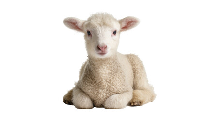 Fluffy young lamb sitting with woolly fleece and pink nose © Elowen
