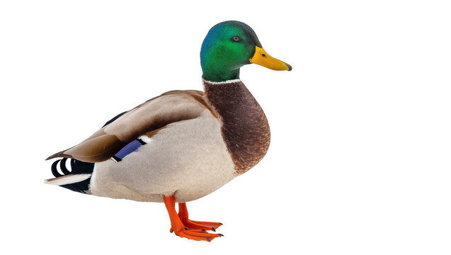 Greenhead Mallard Duck Standing Profile View with Orange Feet