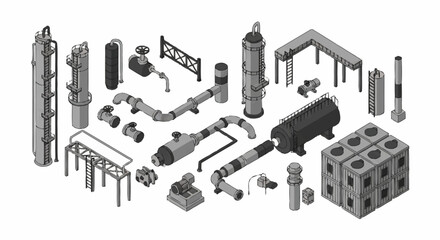 Isometric industrial equipment and components for factory or plant construction. © Slamet