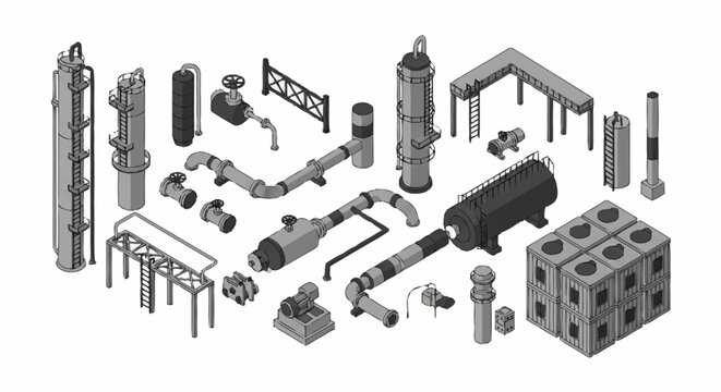 Isometric industrial equipment and components for factory or plant construction.