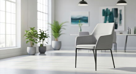 Fototapeta premium A minimalist living room with a white couch, black lamp, and potted plants.