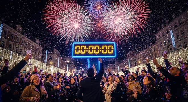 Diverse crowd of happy people cheering at midnight countdown clock with vibrant fireworks exploding over European city square during festive New Year celebration event