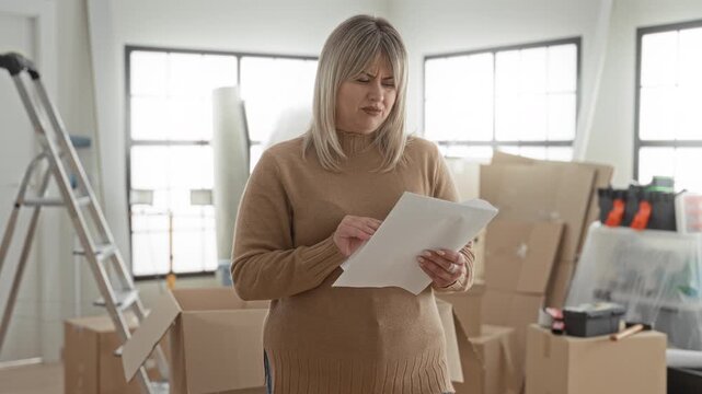 Woman holding papers and reading with puzzled expression amid packed cardboard boxes, ladder and toolbox in building; uncertainty transition.