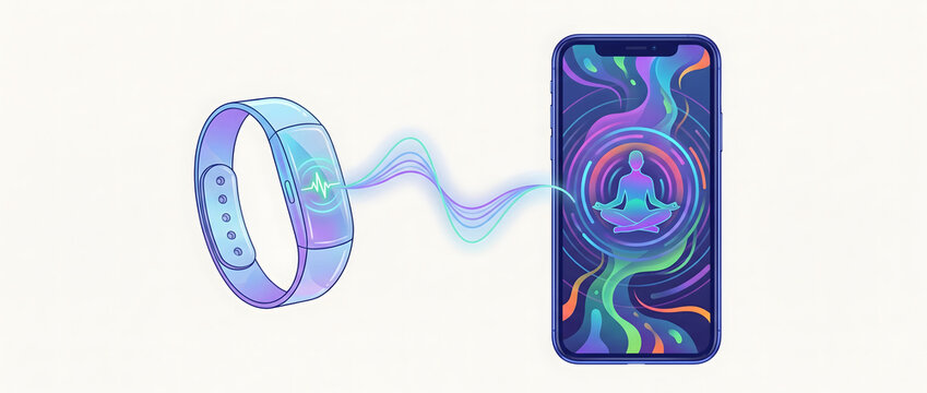 Smart wristband connected to smartphone displaying meditation data and biofeedback waves