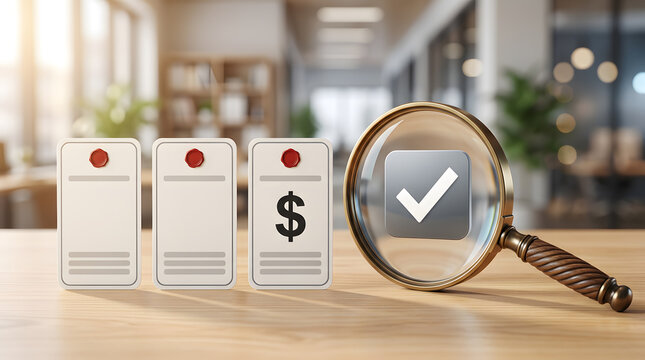 Magnifying glass over payment documents with check mark and dollar sign for finance approval