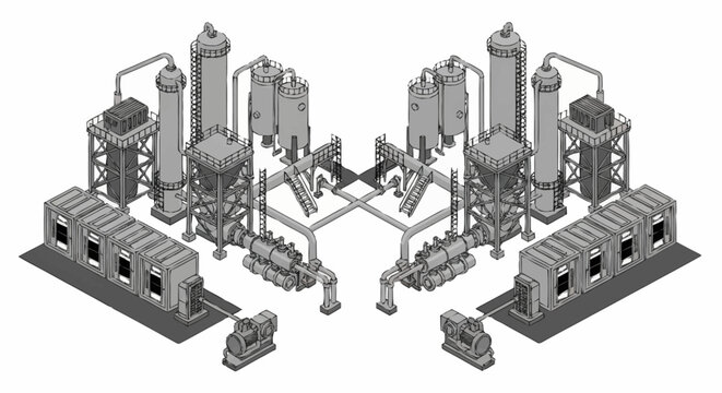 Isometric illustration of a modern industrial factory complex with multiple processing units and machinery.