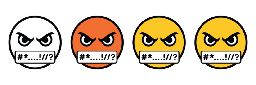 Four emoji faces showing frustration and anger emotions in flat design vector illustration, representing negative user feedback, customer dissatisfaction, stress reactions, emotional rating scale indi