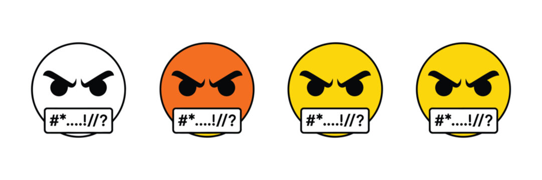 Four emoji faces showing frustration and anger emotions in flat design vector illustration, representing negative user feedback, customer dissatisfaction, stress reactions, emotional rating scale indi