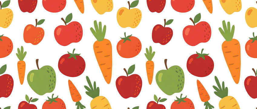 Hand-drawn fruit and vegetable pattern repeating background in flat illustration style