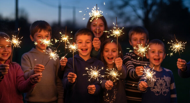 Group of diverse young children holding glowing sparklers at night in park with happy smiles for outdoor holiday celebration and summer evening fun concept