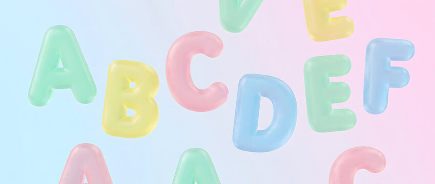 Colorful 3D alphabet toys scattered on a soft pastel gradient background