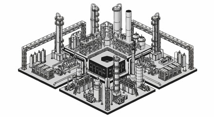 Fototapeta premium Isometric illustration of a complex industrial chemical plant with distillation towers and pipelines.