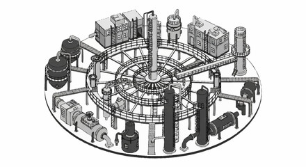Obraz premium Diagram of a complex industrial chemical processing plant with multiple interconnected units and pipelines.