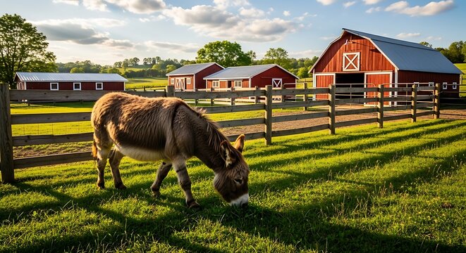 Donkey grazes on lush green grass with red barn and outbuildings in background