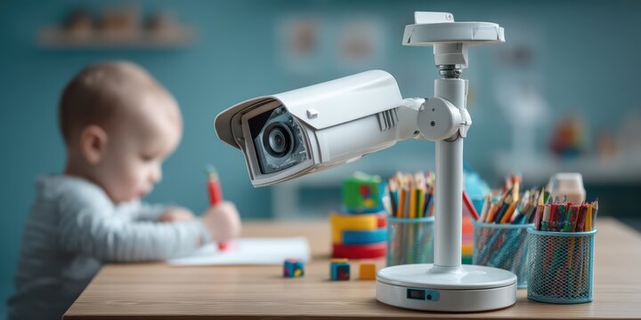 Surveillance camera in Nursery Room: An unobtrusive security camera stands watch in a serene nursery setting. It subtly observes a child engrossed in drawing.