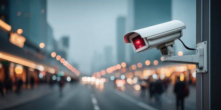 Surveillance in the Urban Landscape: A close-up view captures a security camera monitoring a bustling city street. The scene evokes a sense of modern observation and public safety.