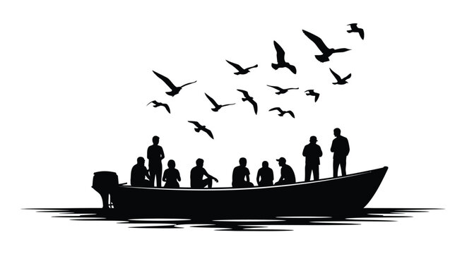 Boat with people and flying birds black silhouette high quality professional