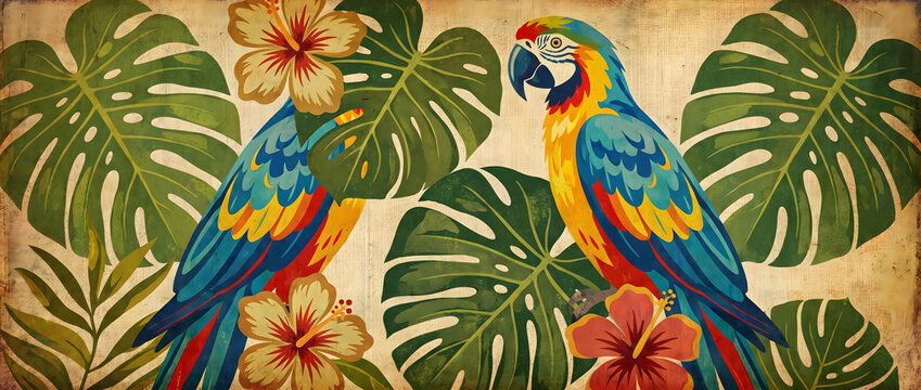 Two colorful parrots surrounded by tropical plants and flowers in an illustrated style