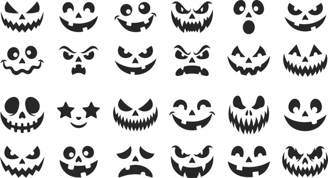 Collection of various black halloween pumpkin and skull faces isolated on white background for decoration and design