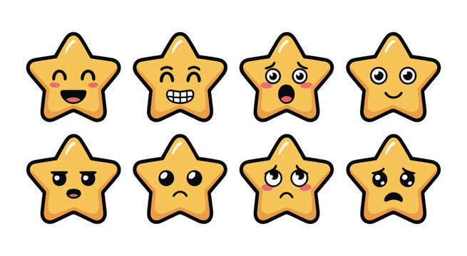 Golden star emoji icon set expressive faces showing different emotions, rating and feedback system symbols, customer satisfaction review concept, flat vector illustration for UI UX evaluation and surv
