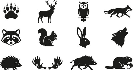 Obraz premium Wildlife icons, animal silhouettes, black vector set, 12 forest creatures