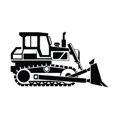 Bulldozer vector silhouette, heavy construction machinery icon, industrial crawler tractor illustration, black and white earthmoving equipment for civil engineering and site work © Kazi Studio