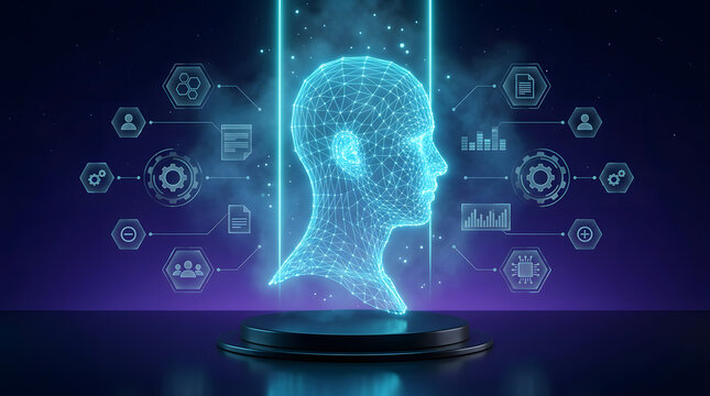 Artificial intelligence concept with glowing human head wireframe and connected data icons