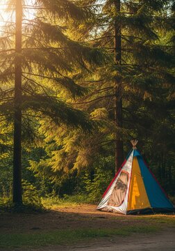 Camping Tent in Forest with Sunlight at Dawn in Summer