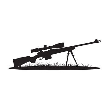 Silhouette of a sniper rifle with scope and bipod on grassy ground shooting military silhouette precision