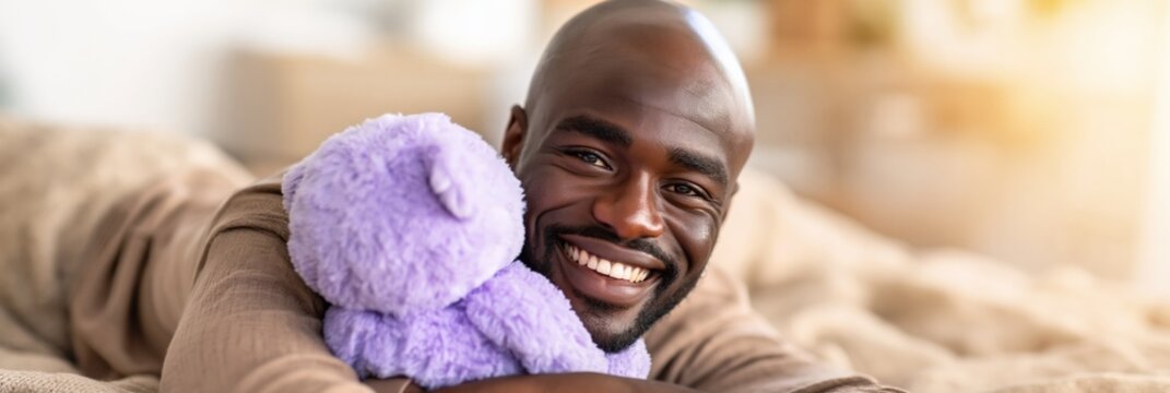 Man embracing purple teddy bear while reclining on bed at home
