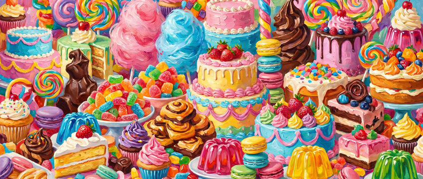 Colorful candy and cake dessert illustration collection with vibrant sweets and layered pastries
