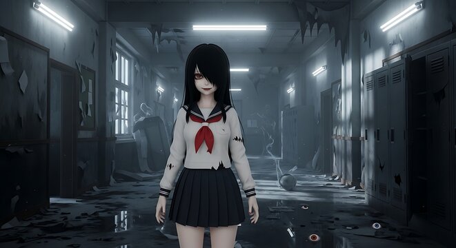 Eerie anime schoolgirl in a derelict hallway with red eyes
