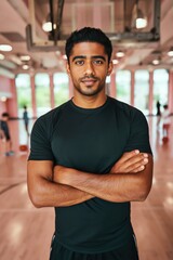 Fototapeta premium Male athlete posing with arms crossed in gymnasium interior