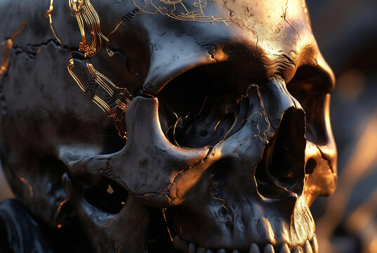 A highly detailed, aged bronze skull is overlaid with glowing circuit board patterns. It appears to be a digital rendering of an ancient skull merging with technology.
