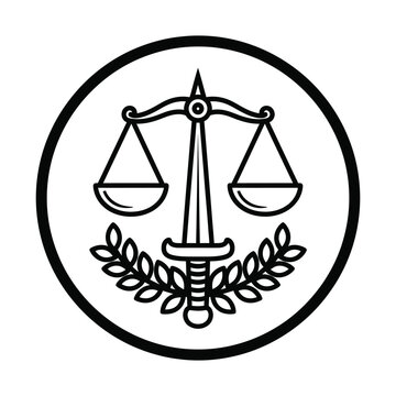 Justice scales and sword emblem, legal law firm logo icon, black and white vector symbol of judicial balance and authority with laurel wreath, professional attorney branding element