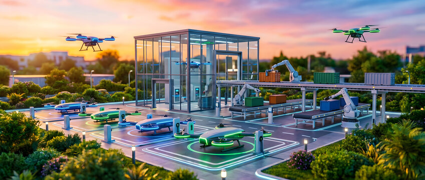 Smart logistics park with drone charging stations and automated operations in progress
