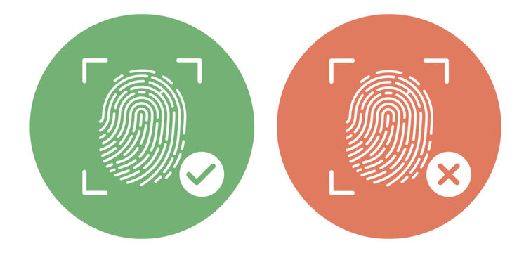 Green accepted fingerprint with checkmark and red rejected fingerprint with X, biometric security authentication concept, access control verification symbols, vector illustration.