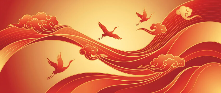 Traditional Chinese style illustration featuring red auspicious clouds and flying cranes in elegant silhouette